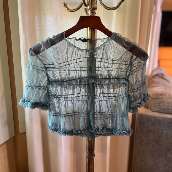Topshop Sheer Smocked Crop Blouse in Blue/Green - Picture 3 of 4